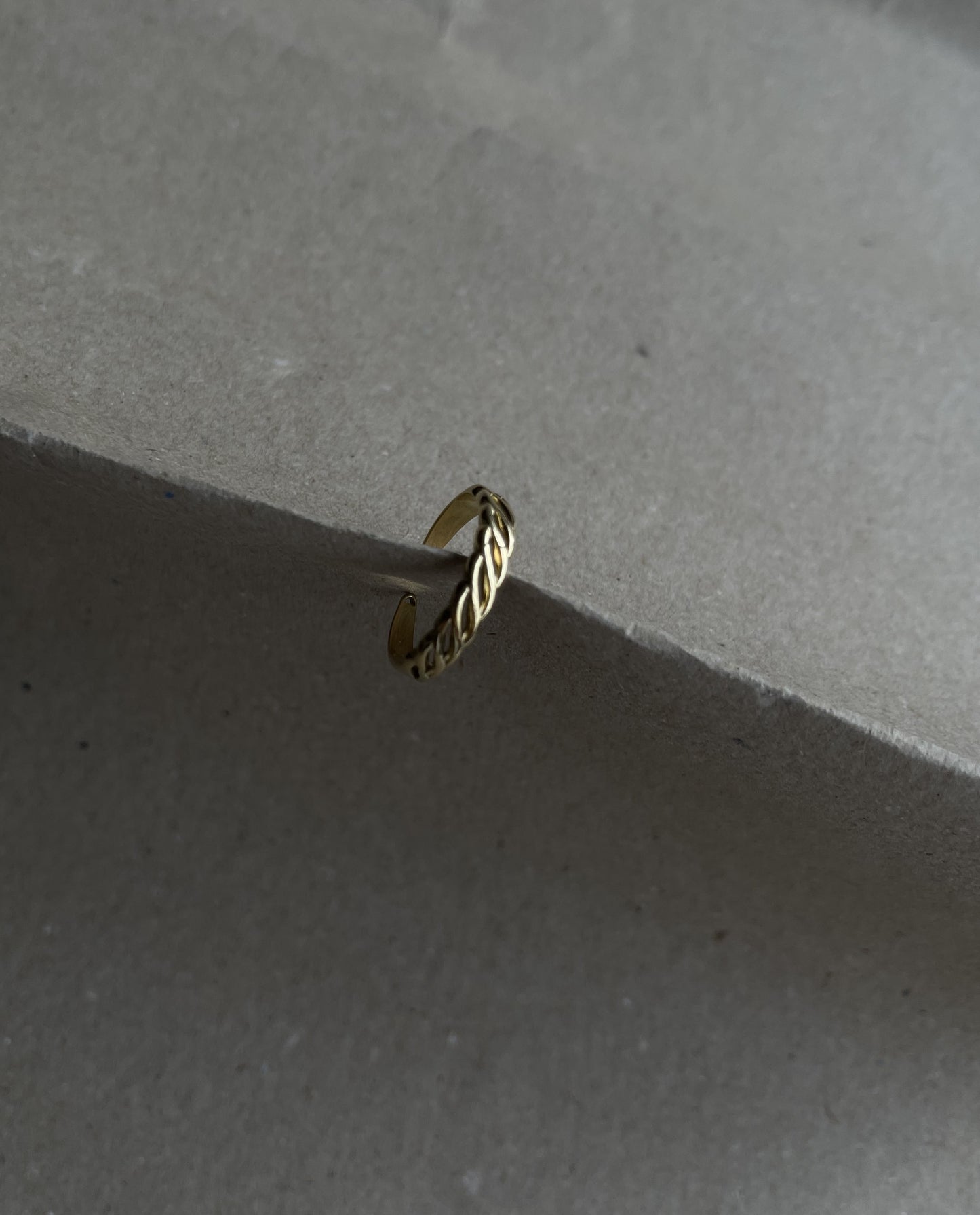 Anel Delfina em aço inoxidável dourado com design entrelaçado.