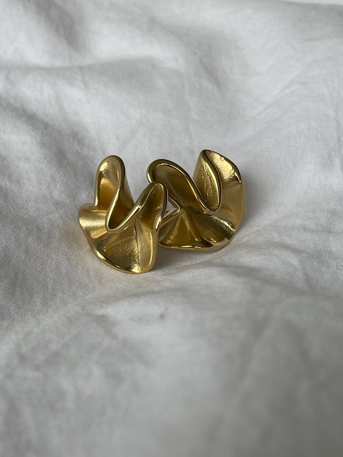 Brincos Loureiro em aço inoxidável dourado com design ondulado e elegante.