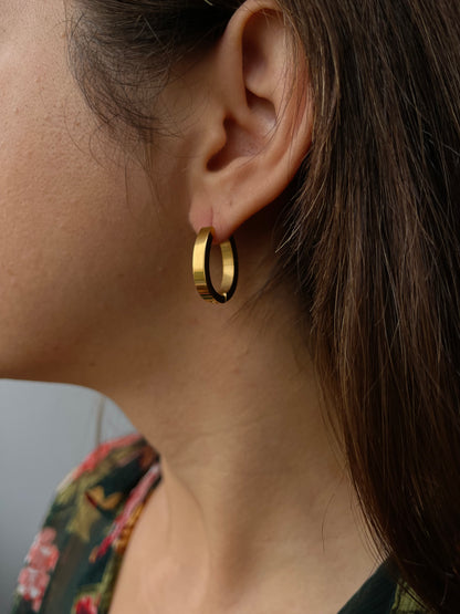 Brincos Olive, argolas de aço inoxidável dourado com design oval minimalista.
